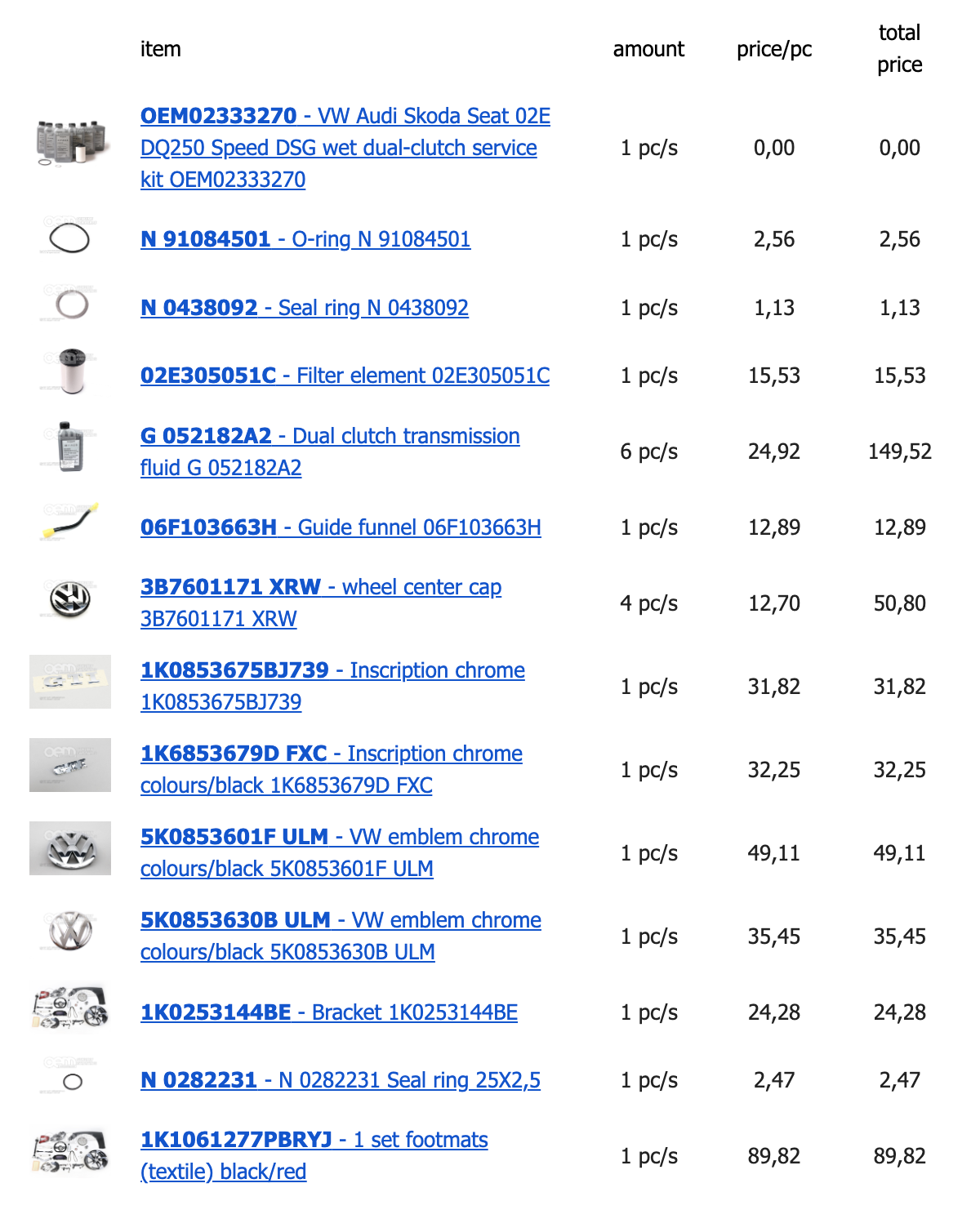 Screenshot of the OEMVWShop order confirmation